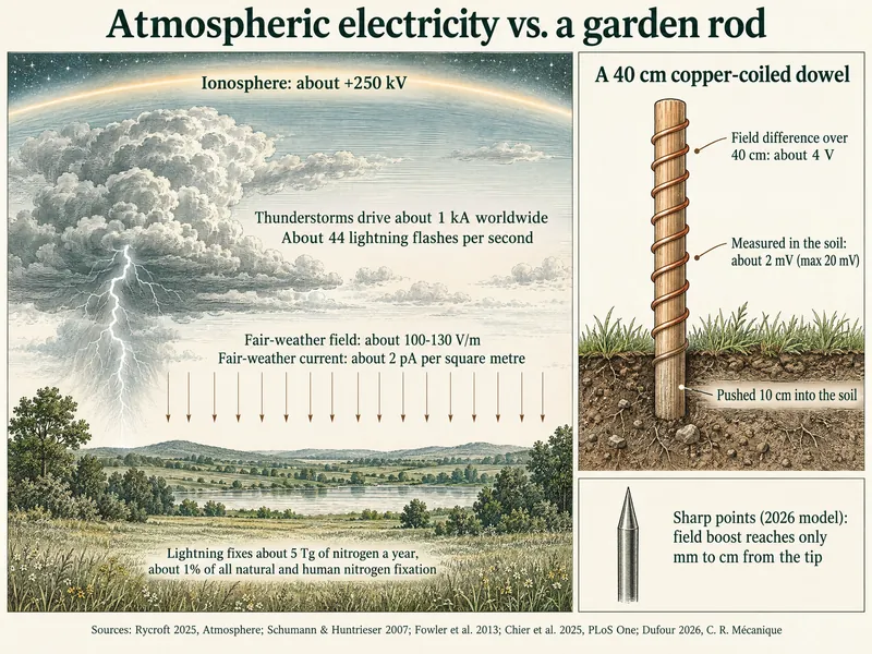 Infographic titled Atmospheric electricity vs. a garden rod. A sky cross-section shows the ionosphere at about +250 kV, thunderstorms driving about 1 kA worldwide, a fair-weather field of about 100-130 V/m, a fair-weather current of about 2 pA per square metre, about 44 lightning flashes per second, and lightning fixing about 5 Tg of nitrogen a year, about 1% of all nitrogen fixation. A side panel shows a 40 cm copper-coiled dowel pushed 10 cm into the soil, with a field difference over 40 cm of about 4 V and about 2 mV measured in the soil, maximum 20 mV. A separate box on sharp points notes that in a 2026 model the field boost reaches only millimetres to centimetres from the tip. Sources: Rycroft 2025; Schumann and Huntrieser 2007; Fowler et al. 2013; Chier et al. 2025; Dufour 2026.