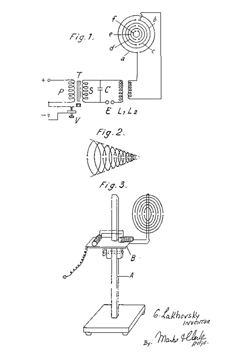 Lakhovsky patent drawing showing an oscillator circuit diagram and a flat spiral ring antenna