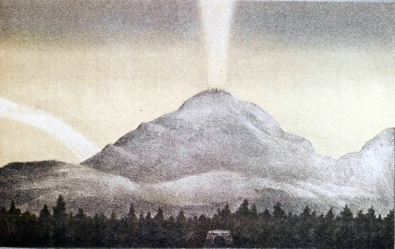 Lithograph of the artificial aurora Selim Lemström produced over a Lapland fell in 1882