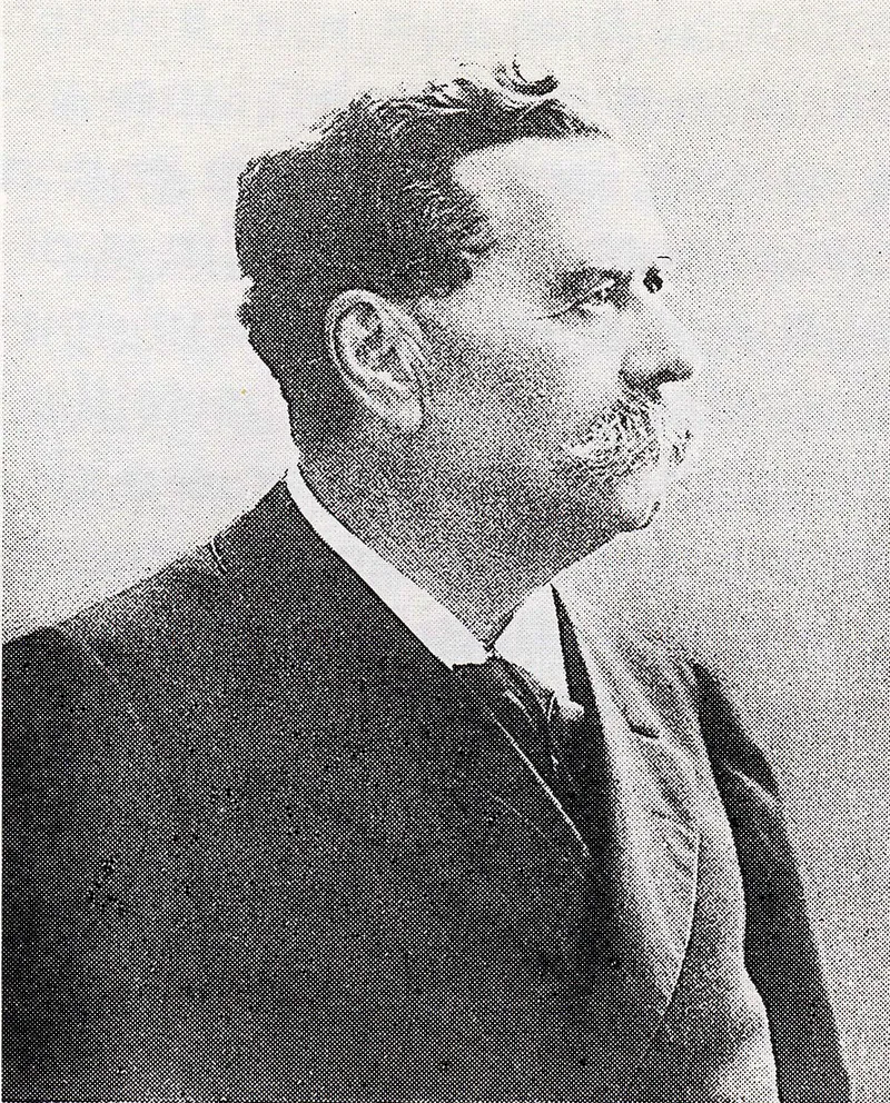 Black-and-white profile photograph of Selim Lemström, a heavy-set man with dark wavy hair and a thick moustache, wearing a dark suit and tie
