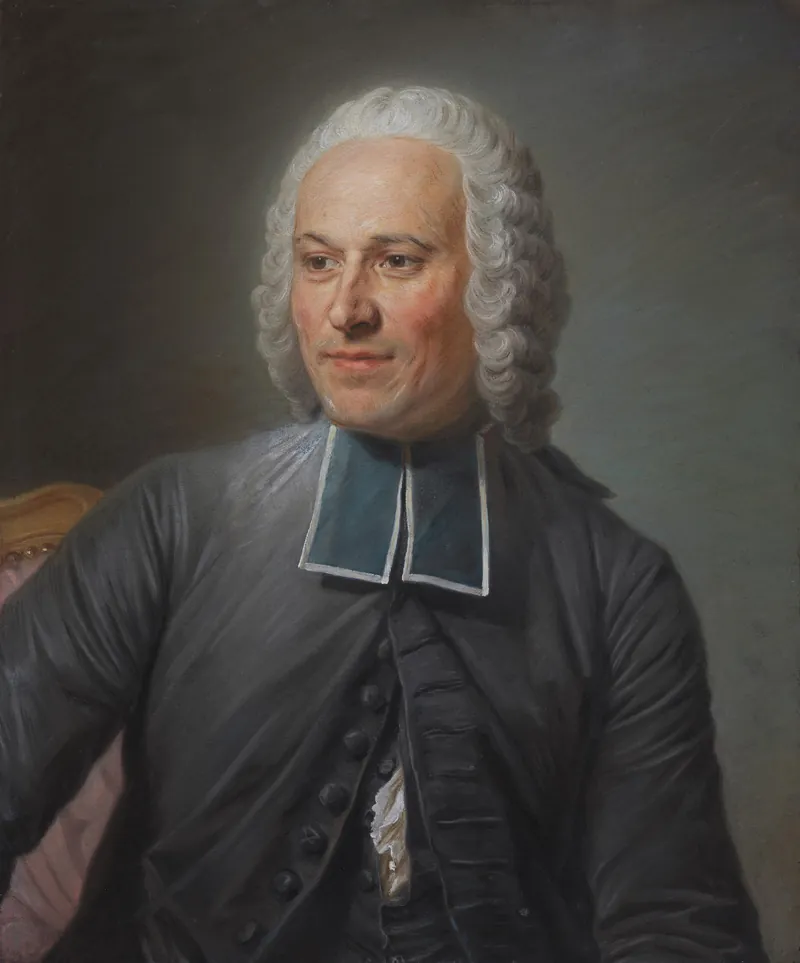 Pastel portrait of Abbé Jean-Antoine Nollet in a powdered wig and dark coat, by Maurice Quentin de La Tour in 1753