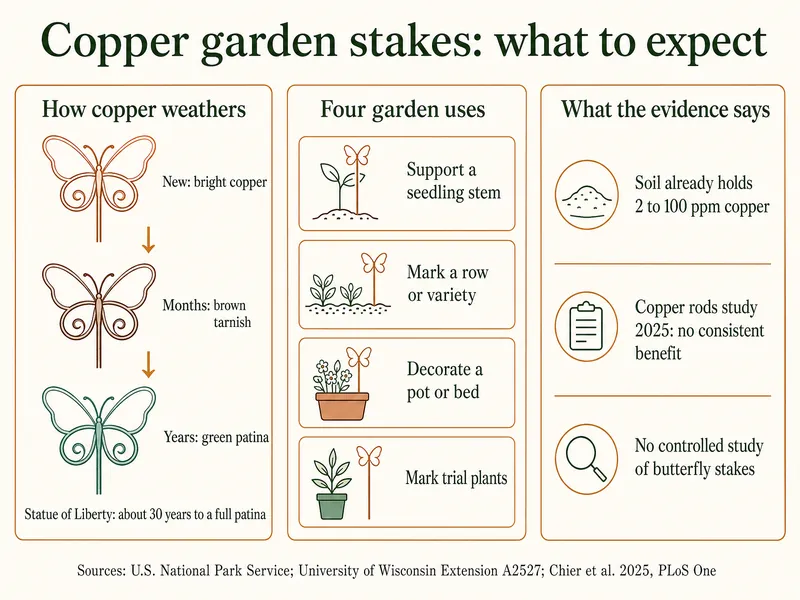 Copper garden stakes: what to expect. How copper weathers: new, bright copper; after months, brown tarnish; after years, green patina; the Statue of Liberty took about 30 years to a full patina. Four garden uses: support a seedling stem, mark a row or variety, decorate a pot or bed, mark trial plants. What the evidence says: soil already holds 2 to 100 ppm copper; copper rods study 2025 found no consistent benefit; no controlled study of butterfly stakes. Sources: U.S. National Park Service, University of Wisconsin Extension A2527, Chier et al. 2025