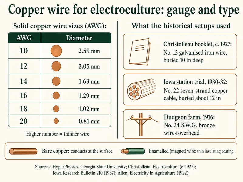Copper wire for electroculture: solid copper wire sizes by AWG, 10 is 2.59 mm, 12 is 2.05 mm, 14 is 1.63 mm, 16 is 1.29 mm, 18 is 1.02 mm, 20 is 0.81 mm, with a higher number meaning thinner wire; historical setups: Christofleau booklet c. 1927 used No. 12 galvanised iron wire buried 10 in deep, the Iowa station trial of 1930-32 used No. 22 seven-strand copper cable buried about 12 in, and the Dudgeon farm in 1916 used No. 24 S.W.G. bronze wires overhead; bare copper conducts at the surface, enamelled magnet wire has a thin insulating coating. Sources: HyperPhysics, Georgia State University; Christofleau c. 1927; Iowa Research Bulletin 210; Allen 1922