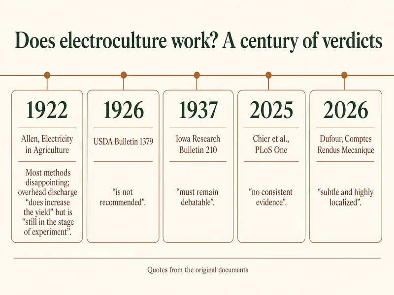 Infographic titled Does electroculture work? A century of verdicts. A timeline of five cards: 1922, Allen, Electricity in Agriculture, most methods disappointing; overhead discharge "does increase the yield" but is "still in the stage of experiment"; 1926, USDA Bulletin 1379, "is not recommended"; 1937, Iowa Research Bulletin 210, "must remain debatable"; 2025, Chier et al., PLoS One, "no consistent evidence"; 2026, Dufour, Comptes Rendus Mecanique, "subtle and highly localized". Footer: quotes from the original documents.