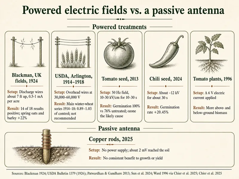 Infographic titled Powered electric fields vs. a passive antenna. Five powered treatments: Blackman, UK fields, 1924, discharge wires about 7 ft up at 0.5-1 mA per acre, 14 of 18 results positive and spring oats and barley +22%; USDA, Arlington, 1914-1918, overhead wires at 30,000-60,000 V, main winter-wheat series 1914–18 at 0.89–1.03 of control, not recommended; tomato seed, 2013, 50 Hz field of 10-30 kV/cm for 10-30 s, germination 100% vs 76% untreated with ozone the likely cause; chili seed, 2024, about -12 kV for about 30 s, germination rate +20.45%; tomato plants, 1996, a 6 V electric current applied, more above- and below-ground biomass. One passive antenna: copper rods, 2025, no power supply and about 2 mV reaching the soil, no consistent benefit to growth or yield.