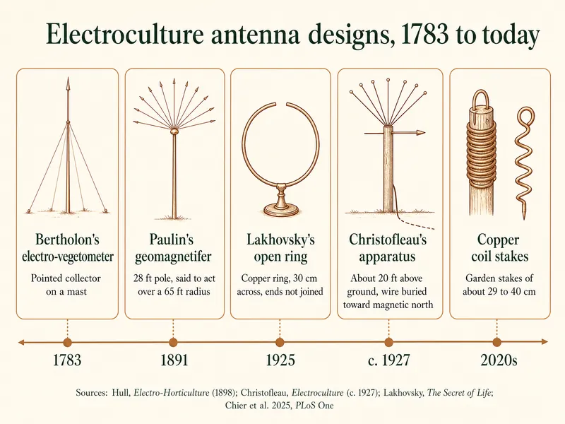 Timeline of electroculture antenna designs, 1783 to today: 1783 Bertholon's electro-vegetometer, a pointed collector on a mast; 1891 Paulin's geomagnetifer, a 28 ft pole said to act over a 65 ft radius; 1925 Lakhovsky's open ring, a copper ring 30 cm across with ends not joined; c. 1927 Christofleau's apparatus, about 20 ft above ground with a wire buried toward magnetic north; 2020s copper coil stakes of about 29 to 40 cm. Sources: Hull 1898, Christofleau c. 1927, Lakhovsky, Chier et al. 2025
