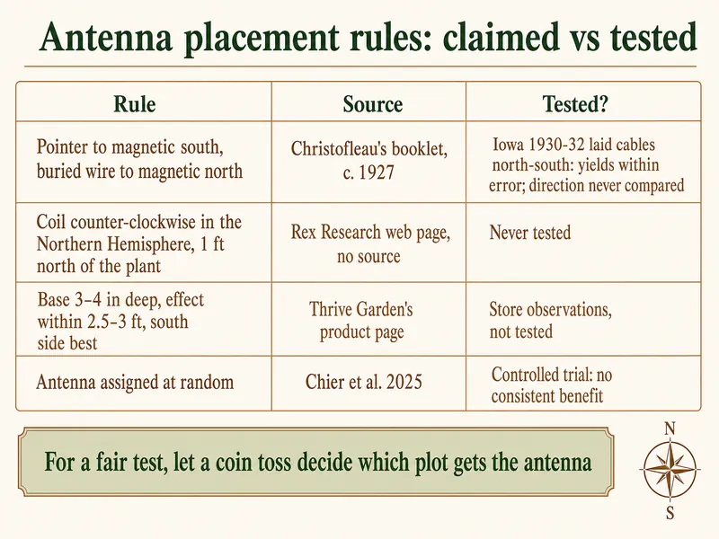 Antenna placement rules, claimed vs tested: pointer to magnetic south and buried wire to magnetic north, from Christofleau's booklet c. 1927, Iowa 1930-32 laid cables north-south with yields within error and direction never compared; coil counter-clockwise in the Northern Hemisphere, 1 ft north of the plant, from the Rex Research web page with no source, never tested; base 3-4 in deep, effect within 2.5-3 ft and south side best, from Thrive Garden's product page, store observations not tested; antenna assigned at random, Chier et al. 2025, controlled trial with no consistent benefit. For a fair test, let a coin toss decide which plot gets the antenna