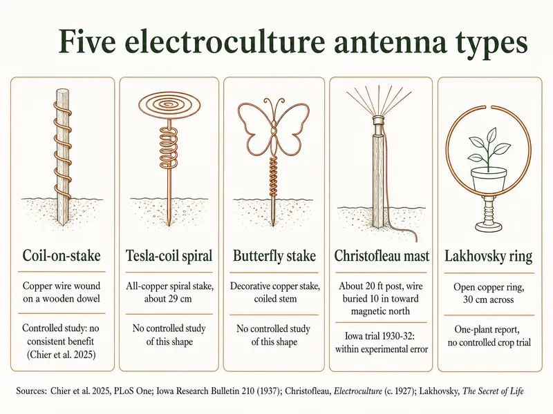 Five electroculture antenna types: coil-on-stake, copper wire wound on a wooden dowel, controlled study found no consistent benefit (Chier et al. 2025); Tesla-coil spiral, all-copper spiral stake about 29 cm, no controlled study of this shape; butterfly stake, decorative copper stake with coiled stem, no controlled study of this shape; Christofleau mast, about 20 ft post with wire buried 10 in toward magnetic north, Iowa trial 1930-32 within experimental error; Lakhovsky ring, open copper ring 30 cm across, one-plant report with no controlled crop trial