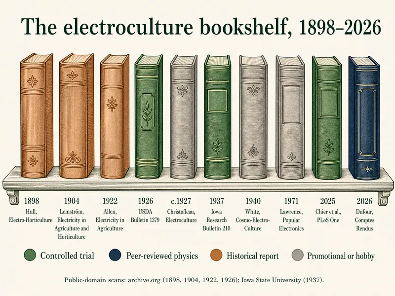 Bookshelf of ten electroculture works with year and evidence tag: 1898 Hull, Electro-Horticulture, historical report; 1904 Lemström, Electricity in Agriculture and Horticulture, historical report; 1922 Allen, Electricity in Agriculture, historical report; 1926 USDA Bulletin 1379, controlled trial; c.1927 Christofleau, Electroculture, promotional or hobby; 1937 Iowa Research Bulletin 210, controlled trial; 1940 White, Cosmo-Electro-Culture, promotional or hobby; 1971 Lawrence, Popular Electronics, promotional or hobby; 2025 Chier et al., PLoS One, controlled trial; 2026 Dufour, Comptes Rendus, peer-reviewed physics. Footer: public-domain scans on archive.org for 1898, 1904, 1922 and 1926, and at Iowa State University for 1937