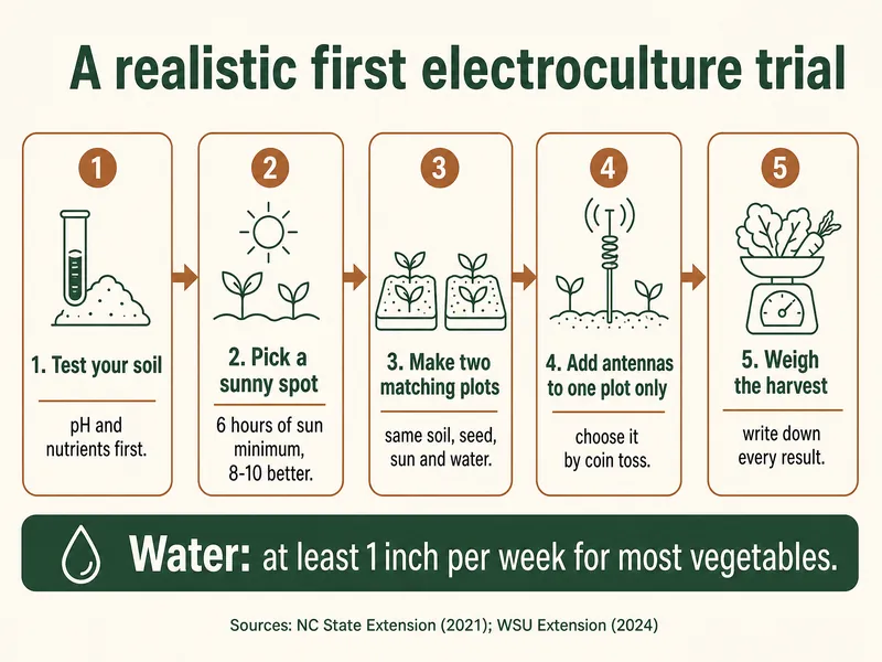 Infographic titled A realistic first electroculture trial, five numbered steps joined by arrows: 1, test your soil, pH and nutrients first; 2, pick a sunny spot, 6 hours of sun minimum, 8-10 better; 3, make two matching plots, same soil, seed, sun and water; 4, add antennas to one plot only, choose it by coin toss; 5, weigh the harvest, write down every result. Bottom band: water at least 1 inch per week for most vegetables. Sources: NC State Extension (2021); WSU Extension (2024).