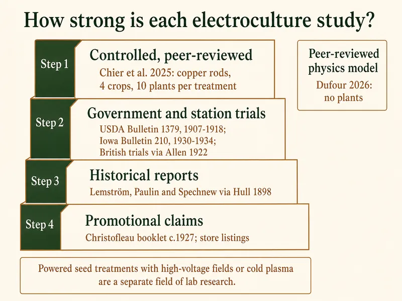 Infographic titled How strong is each electroculture study? A four-step ladder. Step 1, controlled, peer-reviewed: Chier et al. 2025, copper rods, 4 crops, 10 plants per treatment; beside it, peer-reviewed physics model: Dufour 2026, no plants. Step 2, government and station trials: USDA Bulletin 1379, 1907-1918; Iowa Bulletin 210, 1930-1934; British trials via Allen 1922. Step 3, historical reports: Lemström, Paulin and Spechnew via Hull 1898. Step 4, promotional claims: Christofleau booklet c.1927; store listings. Side note: powered seed treatments with high-voltage fields or cold plasma are a separate field of lab research.