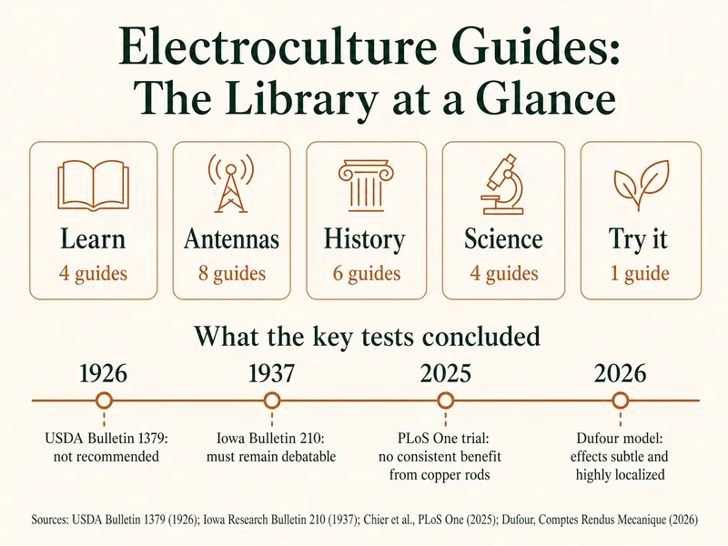 Electroculture Guides: The Library at a Glance. Five cards: Learn, 4 guides; Antennas, 8 guides; History, 6 guides; Science, 4 guides; Try it, 1 guide. Timeline of what the key tests concluded: 1926, USDA Bulletin 1379: not recommended; 1937, Iowa Bulletin 210: must remain debatable; 2025, PLoS One trial: no consistent benefit from copper rods; 2026, Dufour model: effects subtle and highly localized. Sources: USDA Bulletin 1379 (1926); Iowa Research Bulletin 210 (1937); Chier et al., PLoS One (2025); Dufour, Comptes Rendus Mécanique (2026).