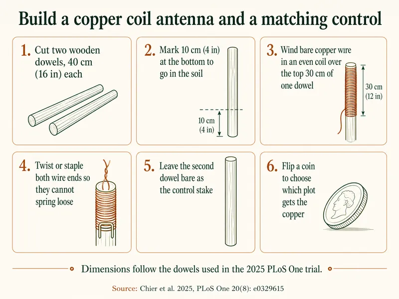 Build a copper coil antenna and a matching control in six steps: 1, cut two wooden dowels of 40 cm (16 in) each; 2, mark 10 cm (4 in) at the bottom to go in the soil; 3, wind bare copper wire in an even coil over the top 30 cm of one dowel; 4, twist or staple both wire ends so they cannot spring loose; 5, leave the second dowel bare as the control stake; 6, flip a coin to choose which plot gets the copper. Dimensions follow the dowels in the 2025 PLoS One trial by Chier et al.