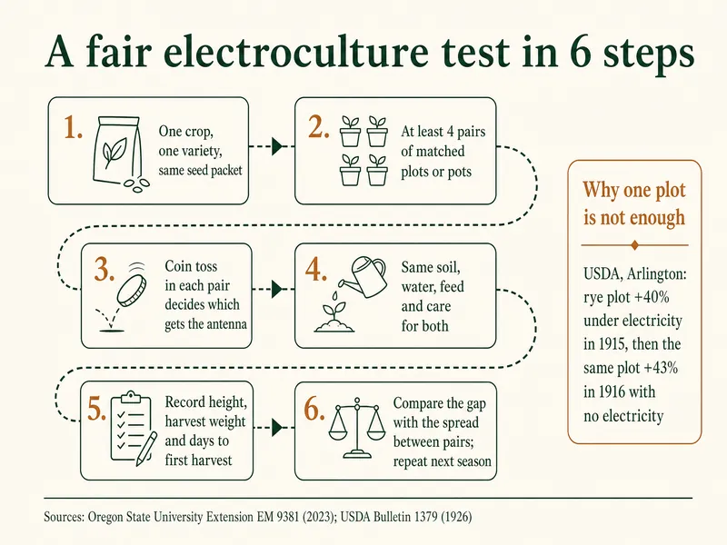 A fair electroculture test in 6 steps: 1, one crop, one variety, same seed packet; 2, at least 4 pairs of matched plots or pots; 3, coin toss in each pair decides which gets the antenna; 4, same soil, water, feed and care for both; 5, record height, harvest weight and days to first harvest; 6, compare the gap with the spread between pairs and repeat next season. Callout, why one plot is not enough: USDA, Arlington, rye plot +40% under electricity in 1915, then the same plot +43% in 1916 with no electricity. Sources: Oregon State University Extension EM 9381 (2023); USDA Bulletin 1379 (1926)