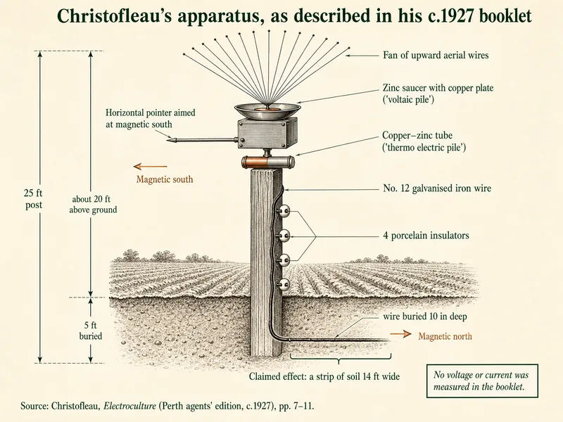 Labelled diagram of Christofleau's apparatus as described in his c.1927 booklet: a 25 ft post with 5 ft buried and about 20 ft above ground; a fan of upward aerial wires; a horizontal pointer aimed at magnetic south; on top of the box-shaped head, a zinc saucer with copper plate called the voltaic pile; on the stem below the head, a small copper–zinc tube called the thermo electric pile; No. 12 galvanised iron wire down the post past 4 porcelain insulators, then buried 10 in deep toward magnetic north; claimed effect a strip of soil 14 ft wide; note that no voltage or current was measured in the booklet