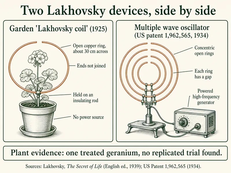 Two Lakhovsky devices side by side. Left, the garden Lakhovsky coil of 1925: a potted geranium inside an open copper ring about 30 cm across, ends not joined, held on an insulating rod, with no power source. Right, the multiple wave oscillator from US patent 1,962,565 of 1934: concentric open rings, each with a gap, on a stand wired to a powered high-frequency generator. A banner reads: plant evidence, one treated geranium, no replicated trial found