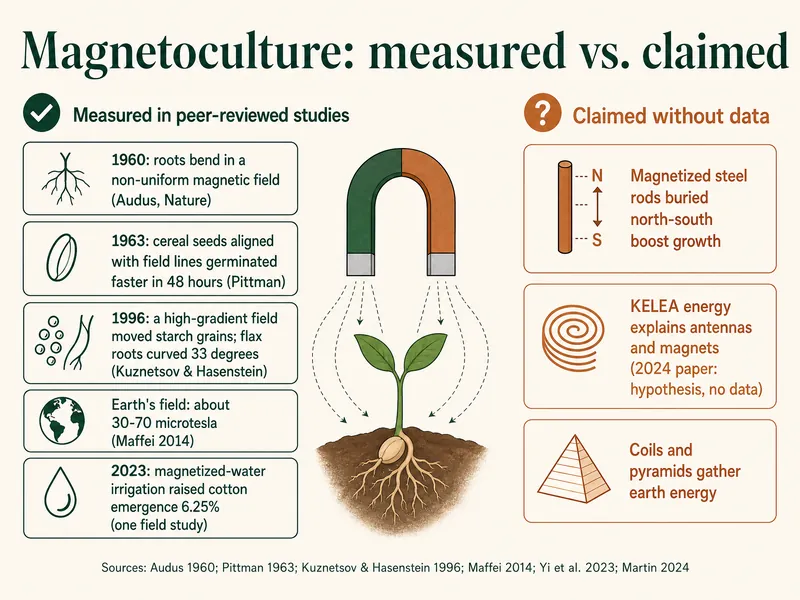 Infographic titled Magnetoculture: measured vs. claimed. Left column, measured in peer-reviewed studies: 1960, roots bend in a non-uniform magnetic field (Audus, Nature); 1963, cereal seeds aligned with field lines germinated faster in 48 hours (Pittman); 1996, a high-gradient field moved starch grains and flax roots curved 33 degrees (Kuznetsov and Hasenstein); Earth's field about 30-70 microtesla (Maffei 2014); 2023, magnetized-water irrigation raised cotton emergence 6.25% (one field study). Right column, claimed without data: magnetized steel rods buried north-south boost growth; KELEA energy explains antennas and magnets (2024 paper: hypothesis, no data); coils and pyramids gather earth energy. A horseshoe magnet above a sprouting seed sits between the columns.