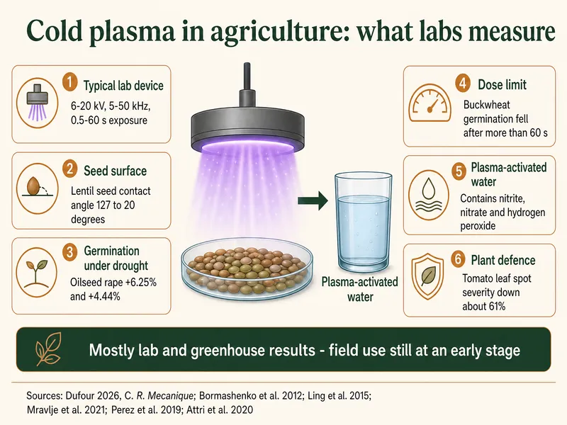 Infographic titled Cold plasma in agriculture: what labs measure. A violet plasma electrode above a dish of seeds, with an arrow to a glass of plasma-activated water. Six callouts: typical lab device 6-20 kV, 5-50 kHz, 0.5-60 s exposure; seed surface, lentil seed contact angle 127 to 20 degrees; germination under drought, oilseed rape +6.25% and +4.44%; dose limit, buckwheat germination fell after more than 60 s; plasma-activated water contains nitrite, nitrate and hydrogen peroxide; plant defence, tomato leaf spot severity down about 61%. Bottom strip: mostly lab and greenhouse results, field use still at an early stage. Sources: Dufour 2026; Bormashenko et al. 2012; Ling et al. 2015; Mravlje et al. 2021; Perez et al. 2019; Attri et al. 2020.
