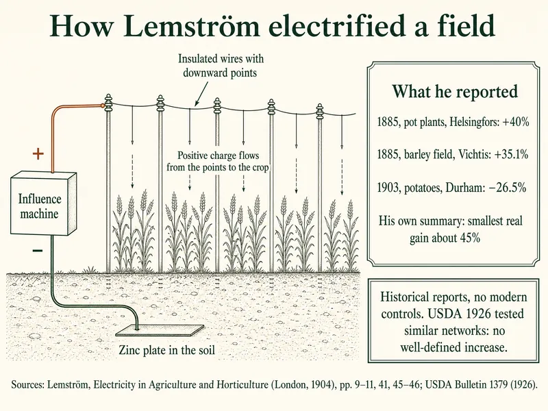 Diagram of Lemström's method: an influence machine with its positive terminal wired up to insulated overhead wires with downward points over a grain crop, and its negative terminal wired to a zinc plate buried in the soil, with positive charge flowing from the points to the crop. A panel lists what he reported: 1885 pot plants at Helsingfors +40%; 1885 barley field at Vichtis +35.1%; 1903 potatoes at Durham −26.5%; his own summary of the smallest real gain as about 45%. A note says these are historical reports without modern controls and that USDA's 1926 tests of similar networks found no well-defined increase