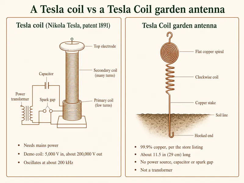 A Tesla coil vs a Tesla Coil garden antenna. Left: a Tesla coil (Nikola Tesla, patent 1891) with power transformer, capacitor, spark gap, primary coil of few turns, secondary coil of many turns and top electrode; it needs mains power, a demo coil takes 5,000 V in and gives about 200,000 V out, and it oscillates at about 200 kHz. Right: the Tesla Coil garden antenna drawn upright, a small wire hook at the very top, a vertical flat copper spiral below it, then a clockwise coil and a straight copper stake running through the soil line to a hooked end; 99.9% copper per the store listing, about 11.5 in (29 cm) long, no power source, capacitor or spark gap, not a transformer