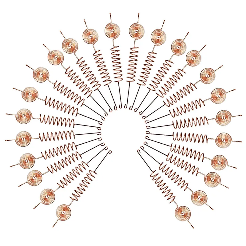 Twenty-four copper spiral-and-coil antennas arranged in a semicircle on a white background, the 24-pack