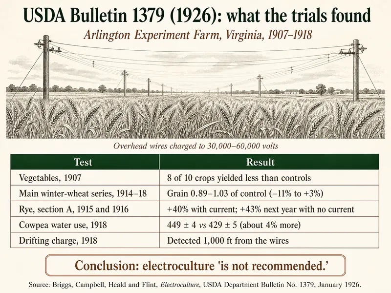 USDA Bulletin 1379 (1926) results: Arlington Experiment Farm, Virginia, 1907–1918, drawn as a field of ripe grain under overhead wires charged to 30,000–60,000 volts. Table: vegetables 1907, 8 of 10 crops yielded less than controls; main winter-wheat series 1914–18, grain 0.89–1.03 of control (−11% to +3%); rye section A 1915 and 1916, +40% with current and +43% the next year with no current; cowpea water use 1918, 449 ± 4 vs 429 ± 5, about 4% more; drifting charge 1918, detected 1,000 ft from the wires. Conclusion: electroculture is not recommended