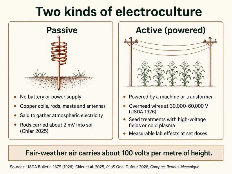 Infographic titled Two kinds of electroculture. Left card, Passive, shows a coiled copper stake in soil: no battery or power supply; copper coils, rods, masts and antennas; said to gather atmospheric electricity; rods carried about 2 mV into soil (Chier 2025). Right card, Active (powered), shows overhead wires on poles above a crop: powered by a machine or transformer; wires charged to 30,000-60,000 volts, per USDA 1926; seed treatments with high-voltage fields or cold plasma; measurable lab effects at set doses. Bottom band: fair-weather air carries about 100 volts per metre of height. Sources: USDA Bulletin 1379 (1926); Chier et al. 2025, PLoS One; Dufour 2026, Comptes Rendus Mecanique.